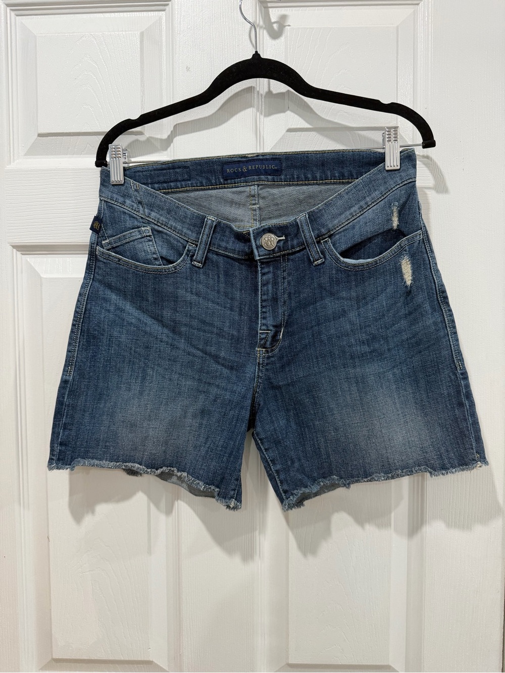 Rock & Republic Dark Blue Distressed Raw Hem Denim Shorts